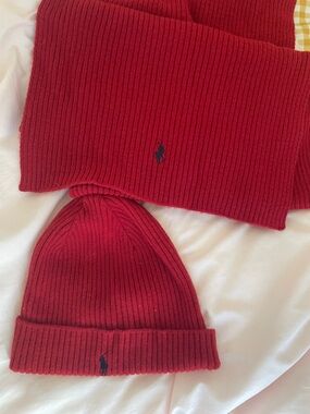 Ralph Lauren Red Ribbed Knit Scarf and Beanie Set